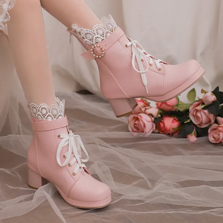 Women's Lace Beads Round Toe Block Heel Platform Ankle Boots