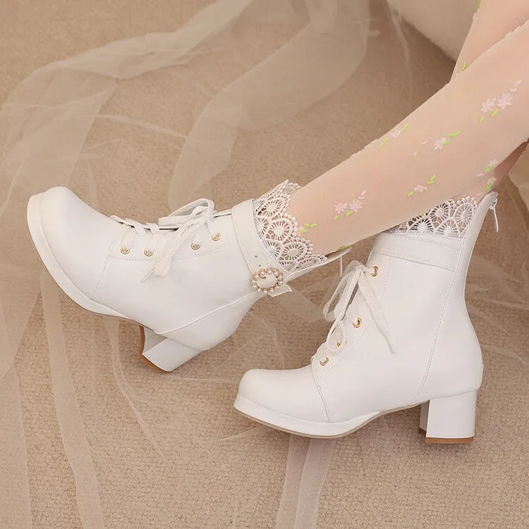 Women's Lace Beads Round Toe Block Heel Platform Ankle Boots