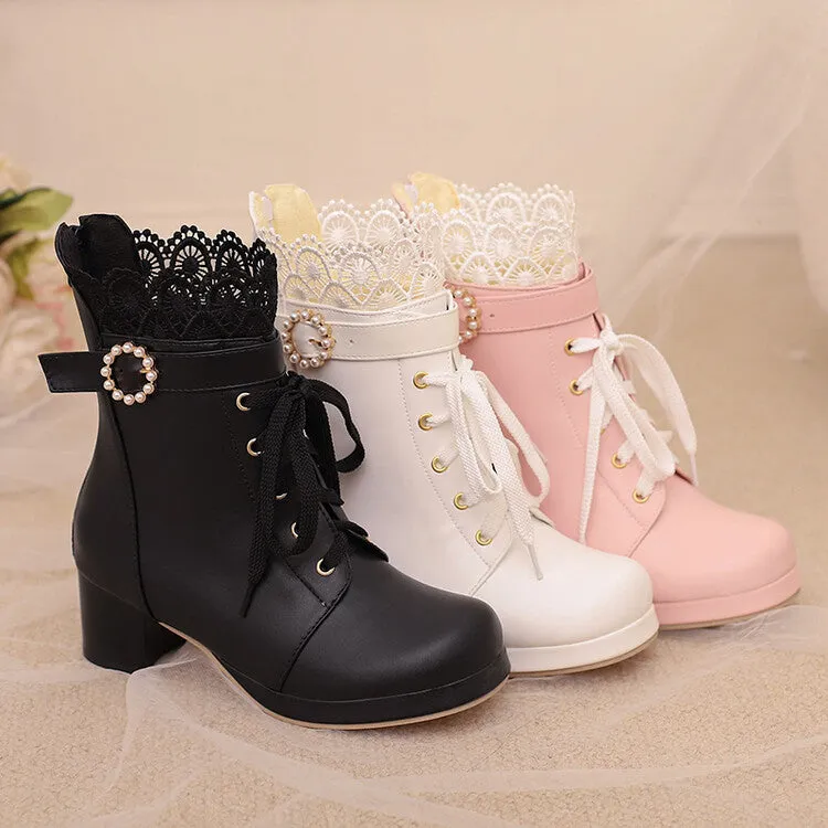 Women's Lace Beads Round Toe Block Heel Platform Ankle Boots