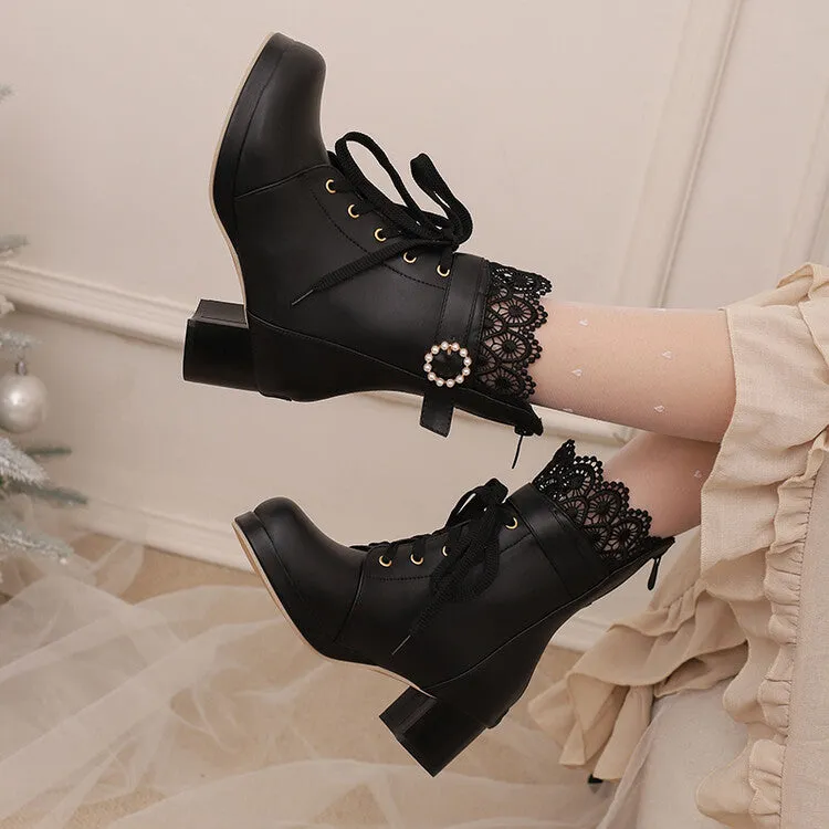 Women's Lace Beads Round Toe Block Heel Platform Ankle Boots