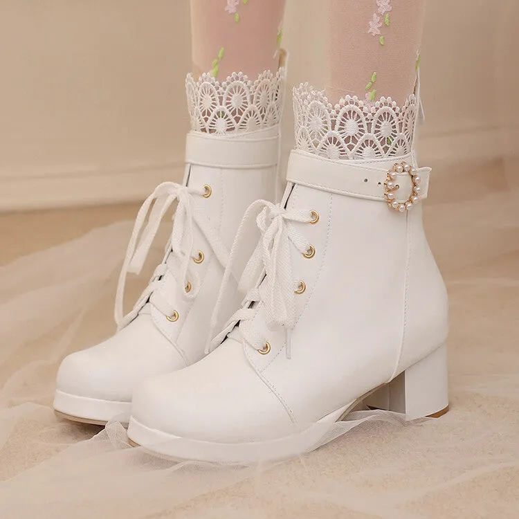 Women's Lace Beads Round Toe Block Heel Platform Ankle Boots