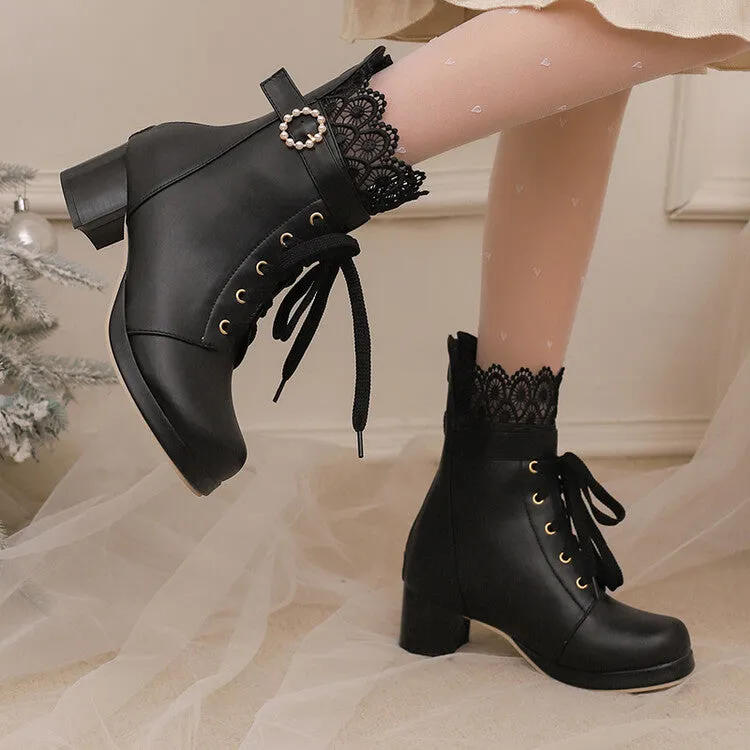 Women's Lace Beads Round Toe Block Heel Platform Ankle Boots