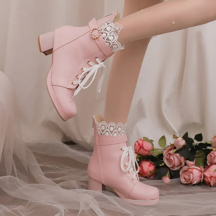 Women's Lace Beads Round Toe Block Heel Platform Ankle Boots