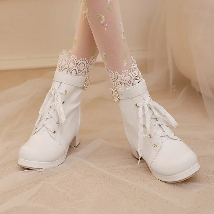 Women's Lace Beads Round Toe Block Heel Platform Ankle Boots