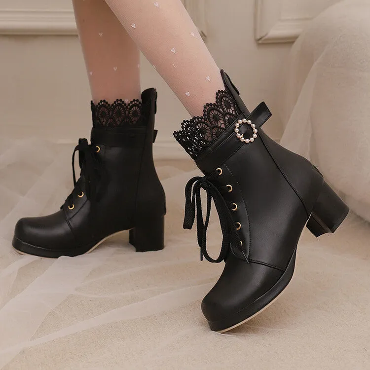 Women's Lace Beads Round Toe Block Heel Platform Ankle Boots