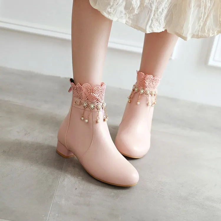 Women's  Lace Pearls Tassel Low Heel Short Boots