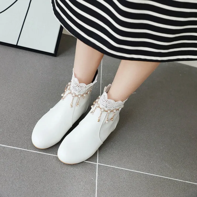 Women's  Lace Pearls Tassel Low Heel Short Boots