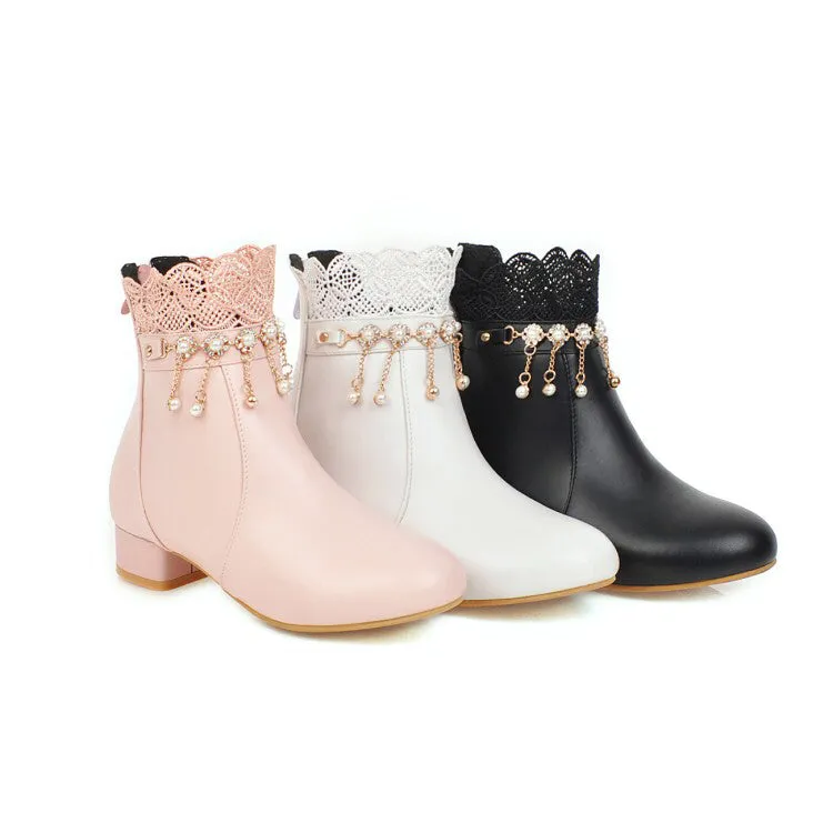 Women's  Lace Pearls Tassel Low Heel Short Boots