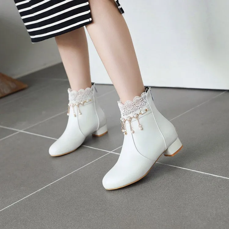 Women's  Lace Pearls Tassel Low Heel Short Boots