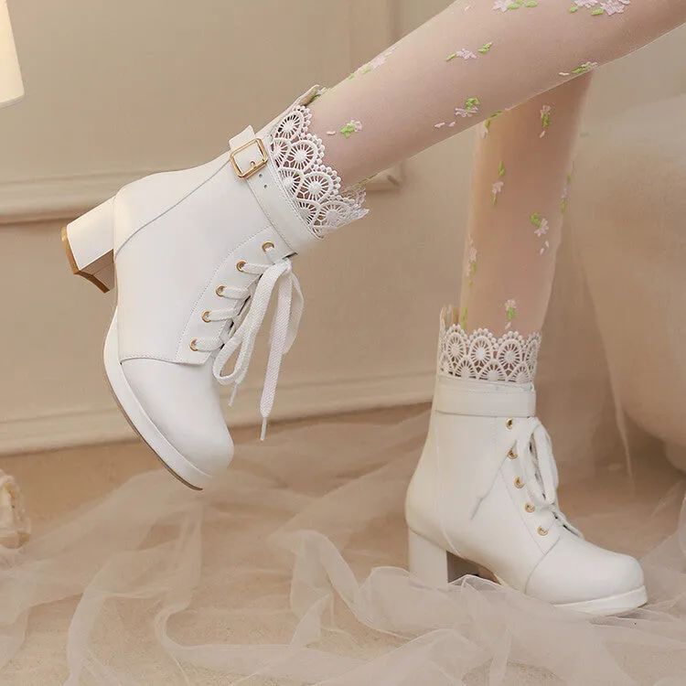 Women's Lace Round Toe Buckle Block Heel Platform Ankle Boots