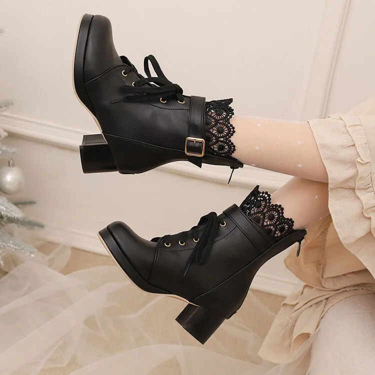 Women's Lace Round Toe Buckle Block Heel Platform Ankle Boots