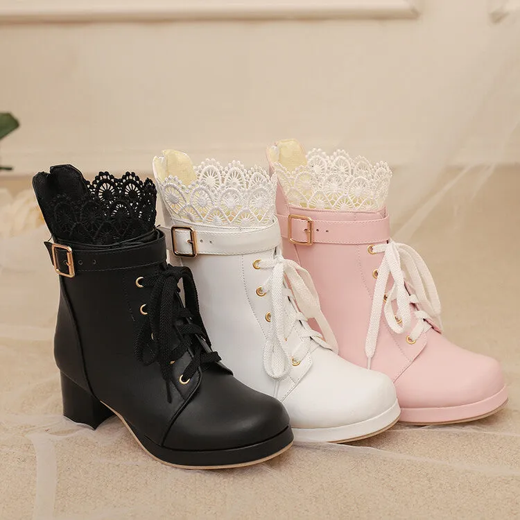 Women's Lace Round Toe Buckle Block Heel Platform Ankle Boots