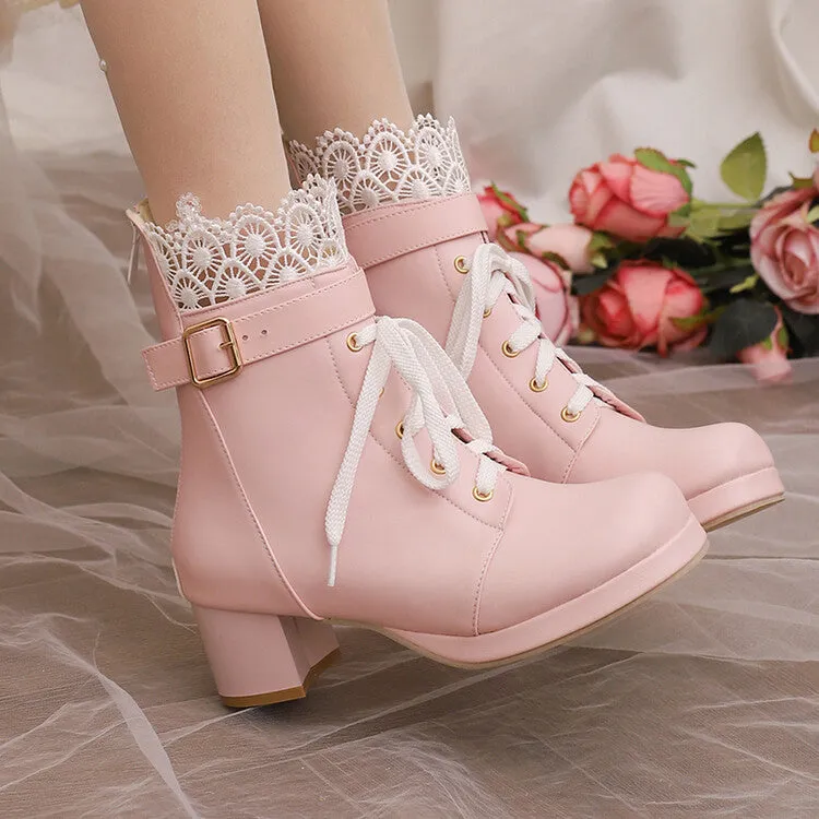 Women's Lace Round Toe Buckle Block Heel Platform Ankle Boots