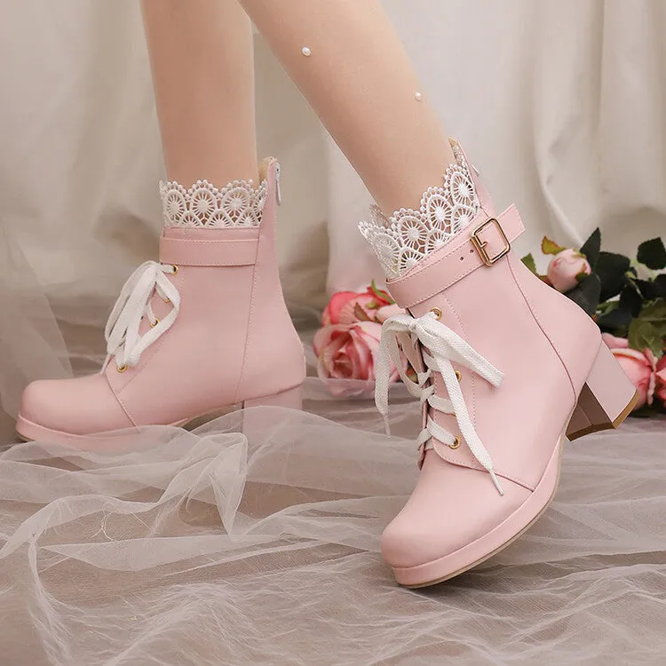 Women's Lace Round Toe Buckle Block Heel Platform Ankle Boots