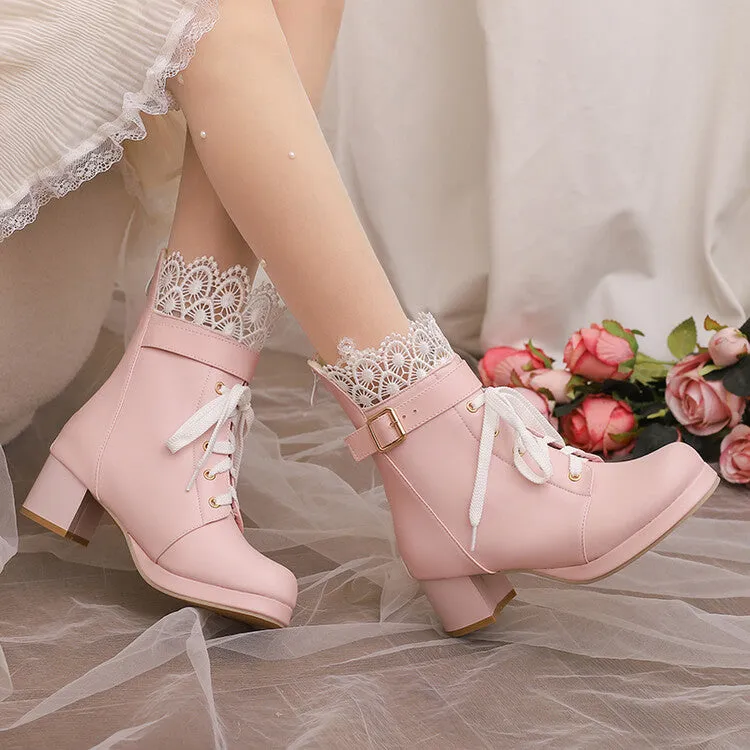 Women's Lace Round Toe Buckle Block Heel Platform Ankle Boots