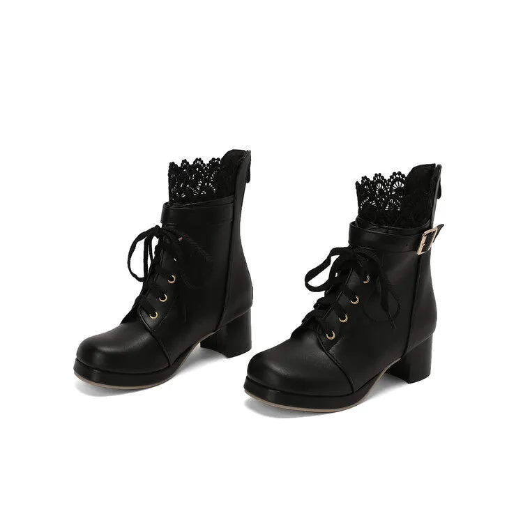 Women's Lace Round Toe Buckle Block Heel Platform Ankle Boots