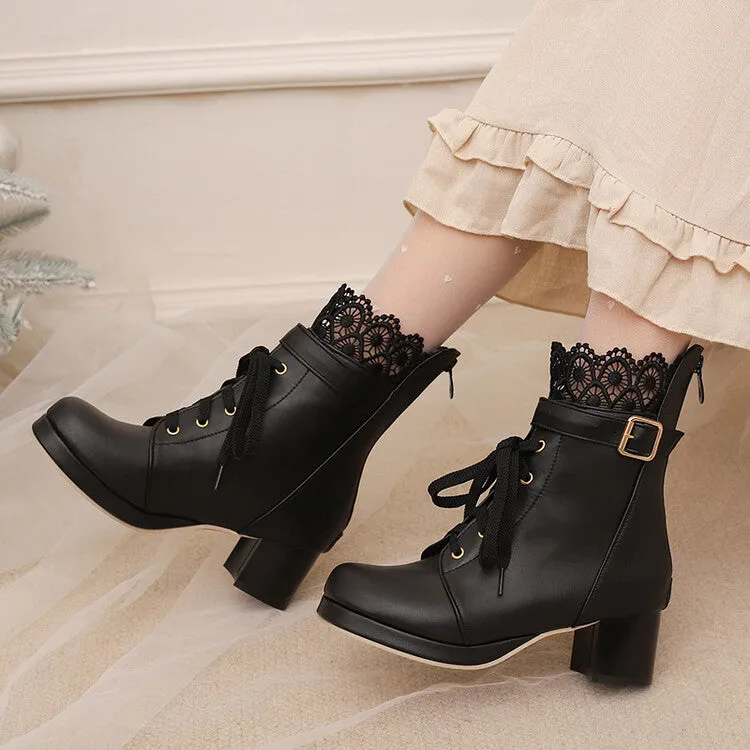 Women's Lace Round Toe Buckle Block Heel Platform Ankle Boots