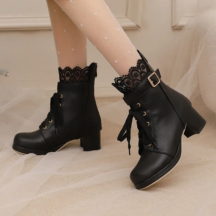 Women's Lace Round Toe Buckle Block Heel Platform Ankle Boots