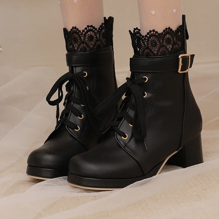 Women's Lace Round Toe Buckle Block Heel Platform Ankle Boots