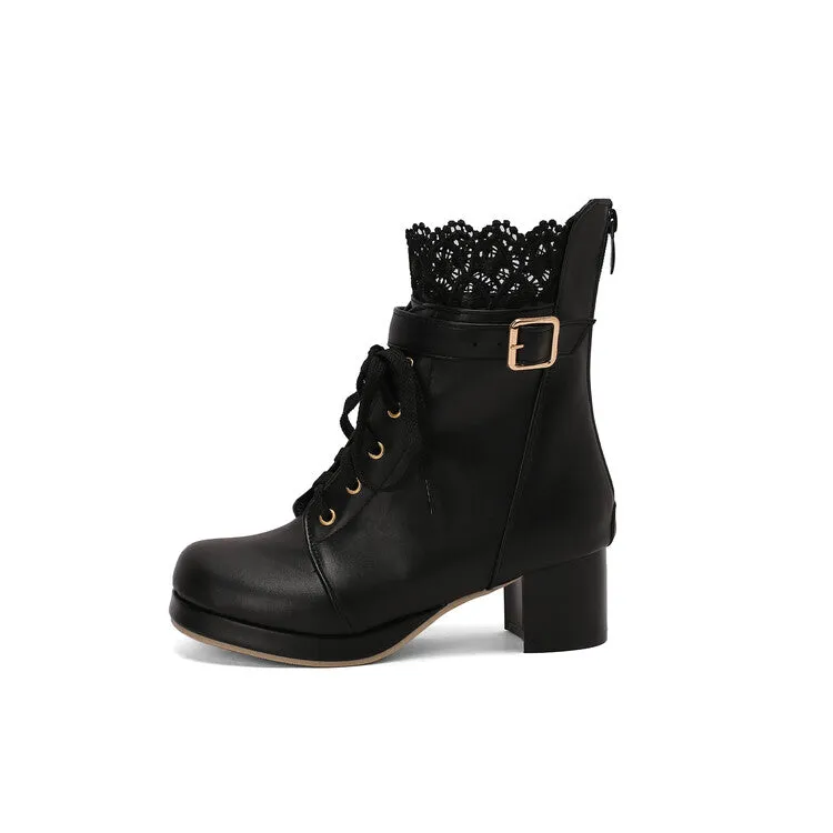 Women's Lace Round Toe Buckle Block Heel Platform Ankle Boots