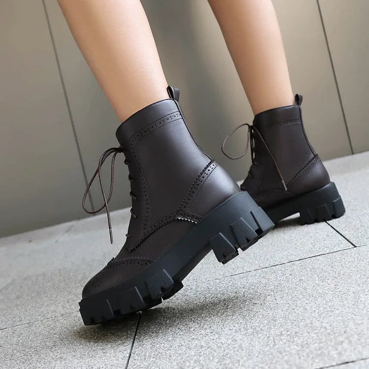 Women's Lace-Up Round Toe Flat Platform Ankle Boots