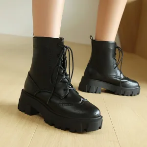 Women's Lace-Up Round Toe Flat Platform Ankle Boots