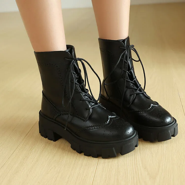 Women's Lace-Up Round Toe Flat Platform Ankle Boots