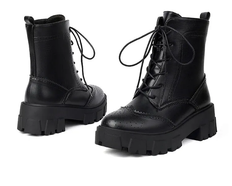 Women's Lace-Up Round Toe Flat Platform Ankle Boots