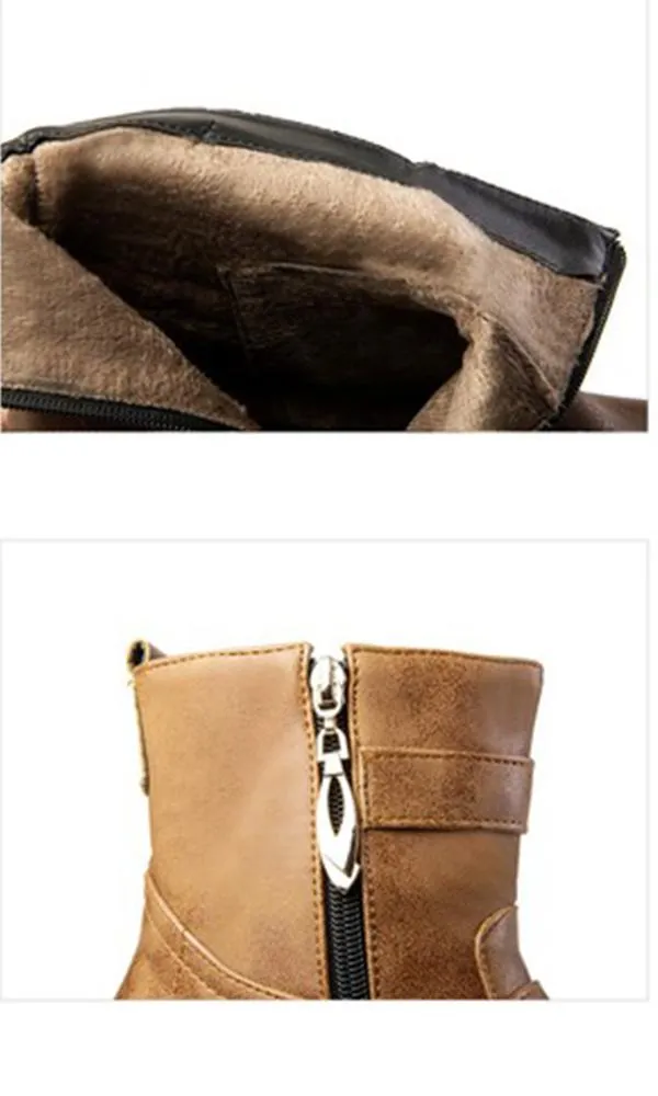 Women's low heel retro buckle strap plush lining motorcycle boots