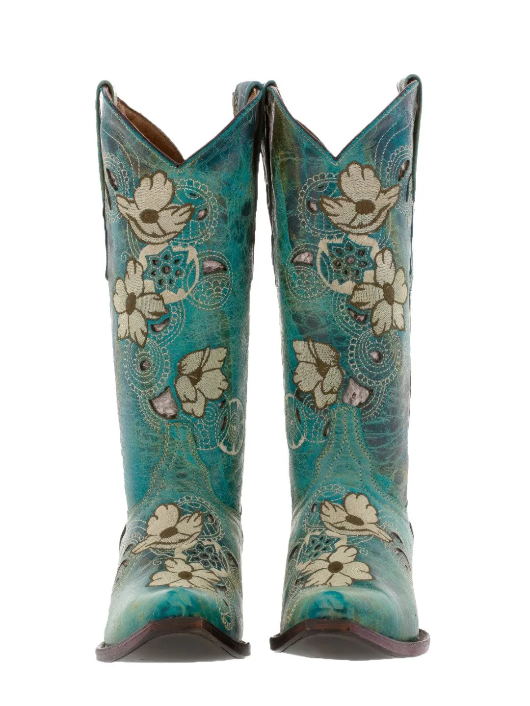 Womens Noruega Turquoise Leather Cowboy Boots Floral - Snip Toe