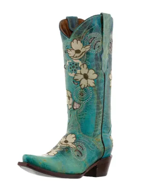 Womens Noruega Turquoise Leather Cowboy Boots Floral - Snip Toe