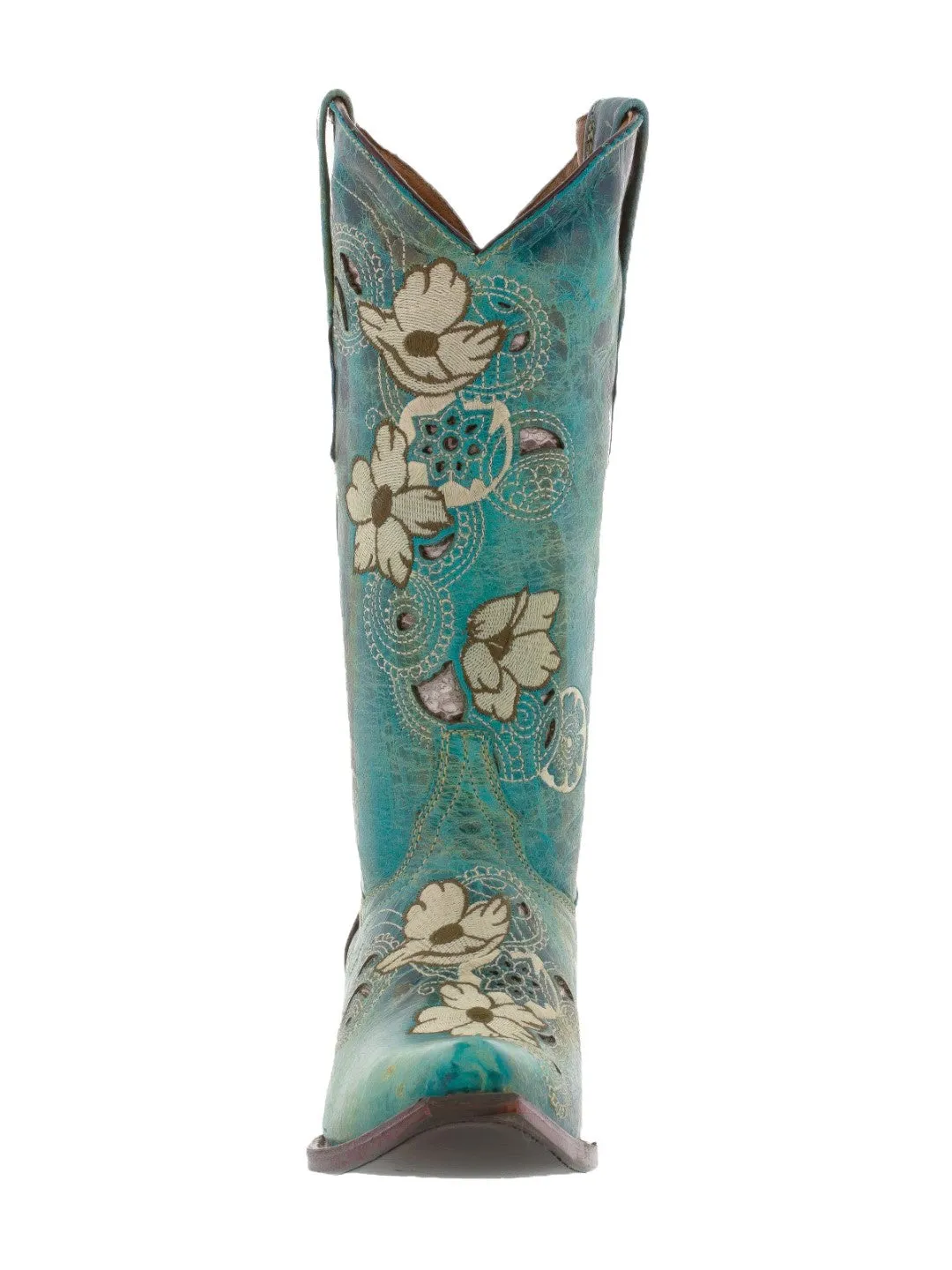 Womens Noruega Turquoise Leather Cowboy Boots Floral - Snip Toe