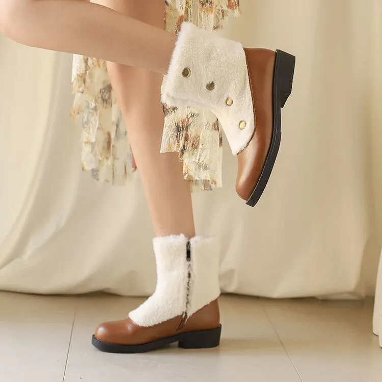 Women's Patchwork Rivets Round Toe Low Heel Short Boots