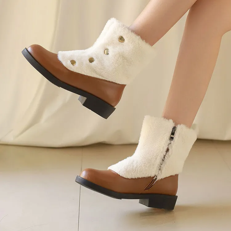 Women's Patchwork Rivets Round Toe Low Heel Short Boots