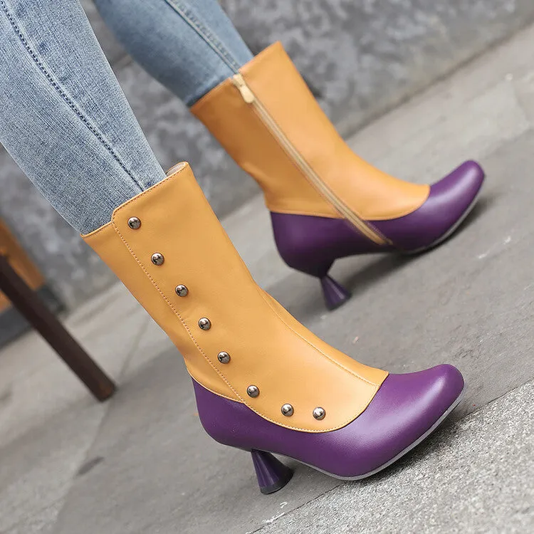 Women's Patchwork Rivets Round Toe Strange Heel Mid Calf Boots