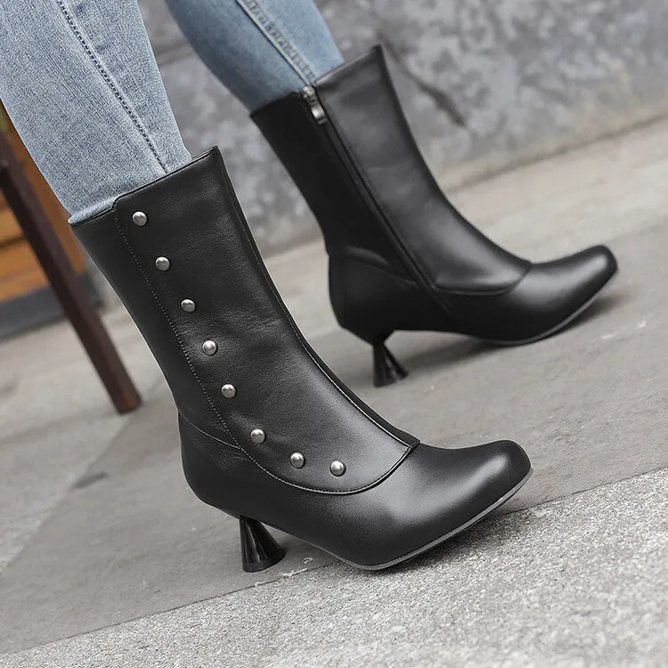 Women's Patchwork Rivets Round Toe Strange Heel Mid Calf Boots