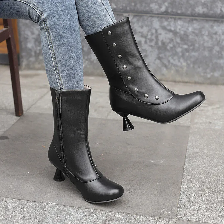 Women's Patchwork Rivets Round Toe Strange Heel Mid Calf Boots