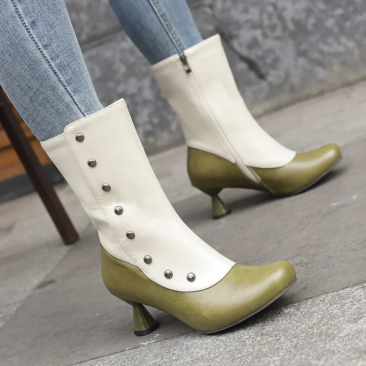 Women's Patchwork Rivets Round Toe Strange Heel Mid Calf Boots