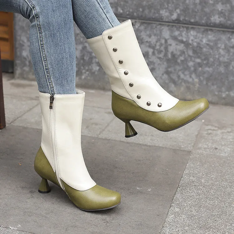 Women's Patchwork Rivets Round Toe Strange Heel Mid Calf Boots