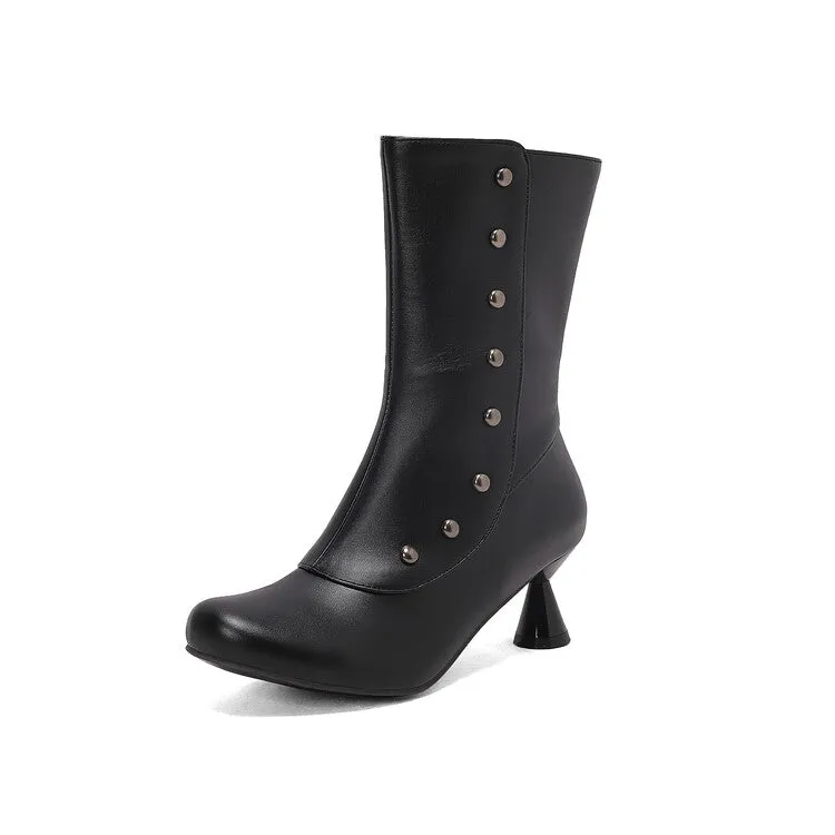 Women's Patchwork Rivets Round Toe Strange Heel Mid Calf Boots