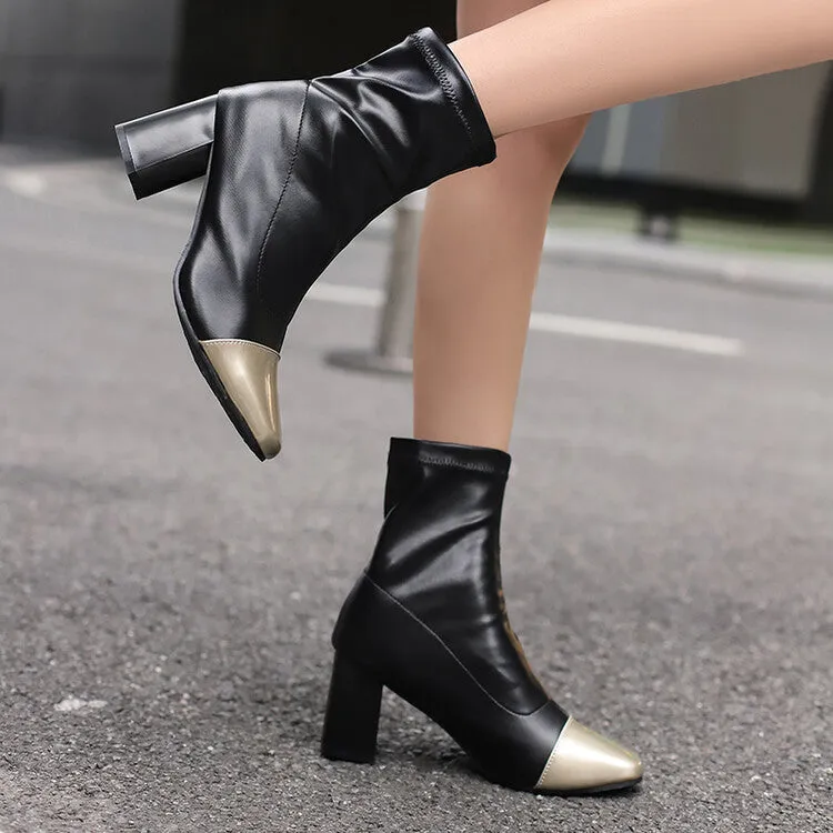 Women's Patchwork Square Toe Block Heel Short Boots