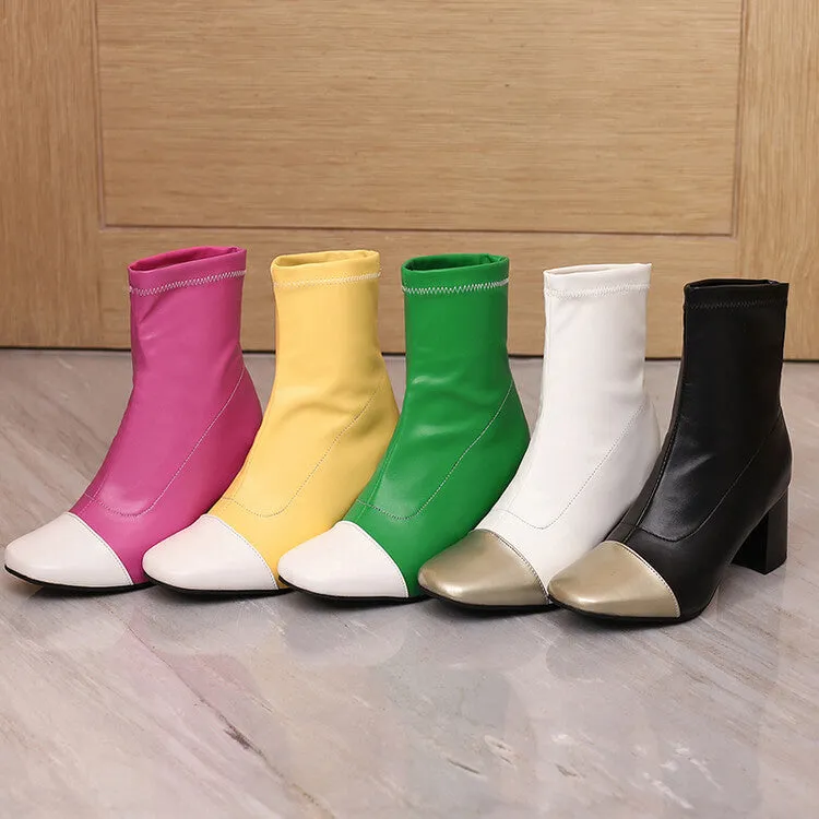 Women's Patchwork Square Toe Block Heel Short Boots