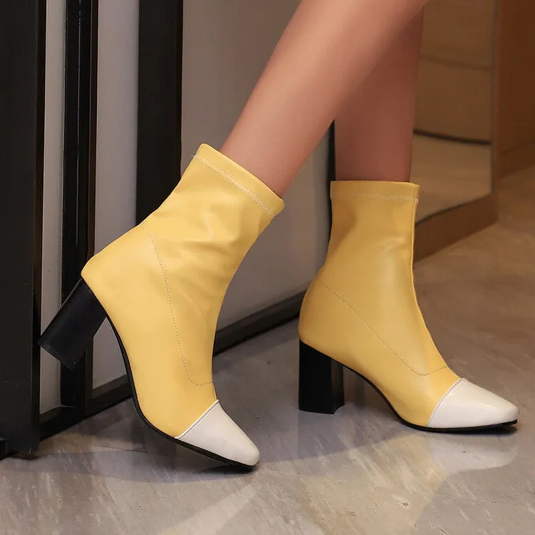 Women's Patchwork Square Toe Block Heel Short Boots