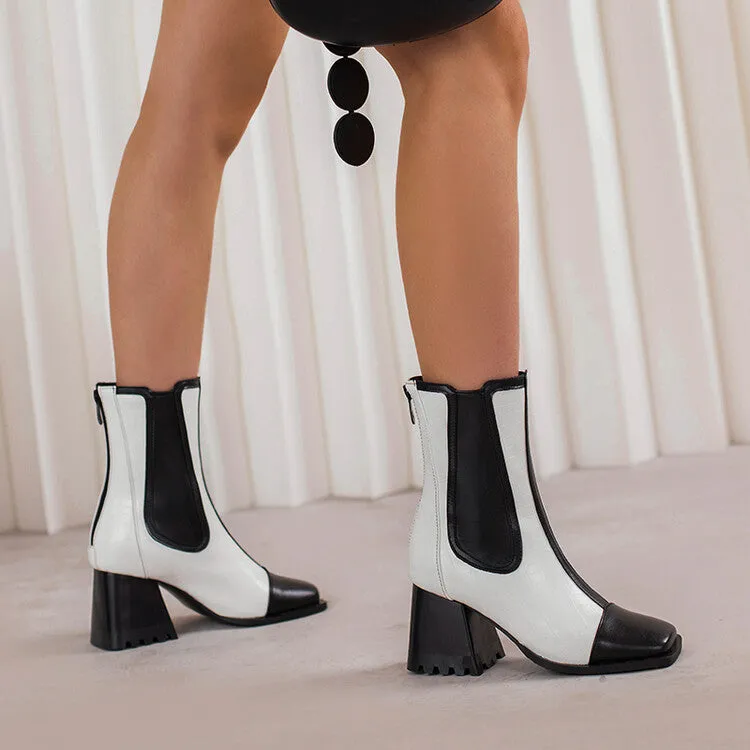 Women's Patchwork Square Toe Elastic Band Block Heel Short Boots