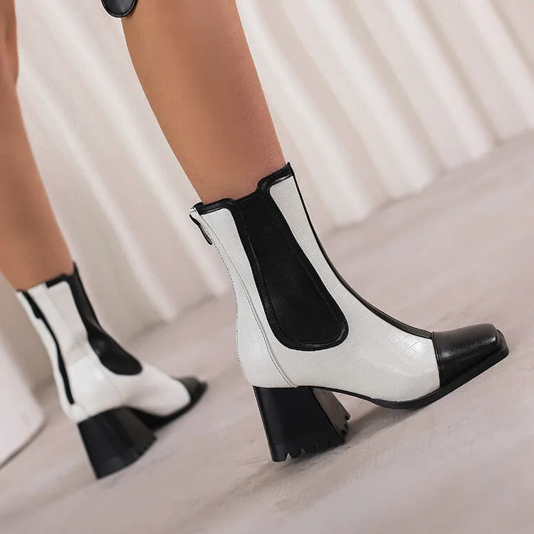 Women's Patchwork Square Toe Elastic Band Block Heel Short Boots