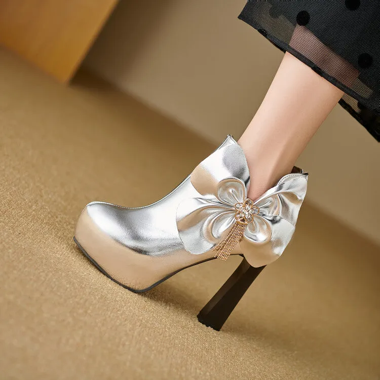 Women's Patent Leather Bows Chunky High Heel Ankle Boots