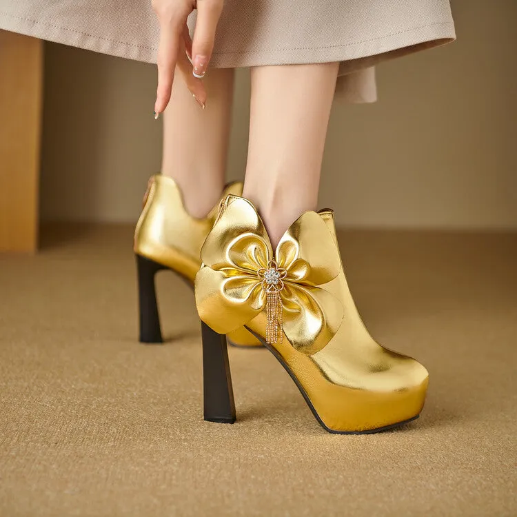 Women's Patent Leather Bows Chunky High Heel Ankle Boots