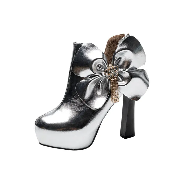 Women's Patent Leather Bows Chunky High Heel Ankle Boots