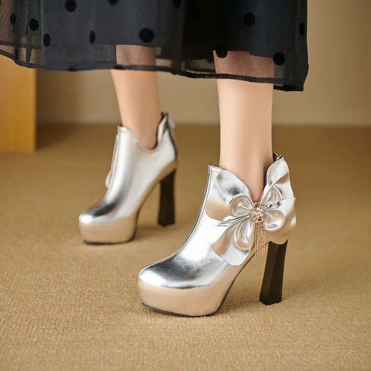 Women's Patent Leather Bows Chunky High Heel Ankle Boots