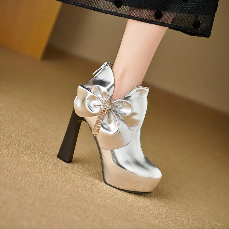 Women's Patent Leather Bows Chunky High Heel Ankle Boots